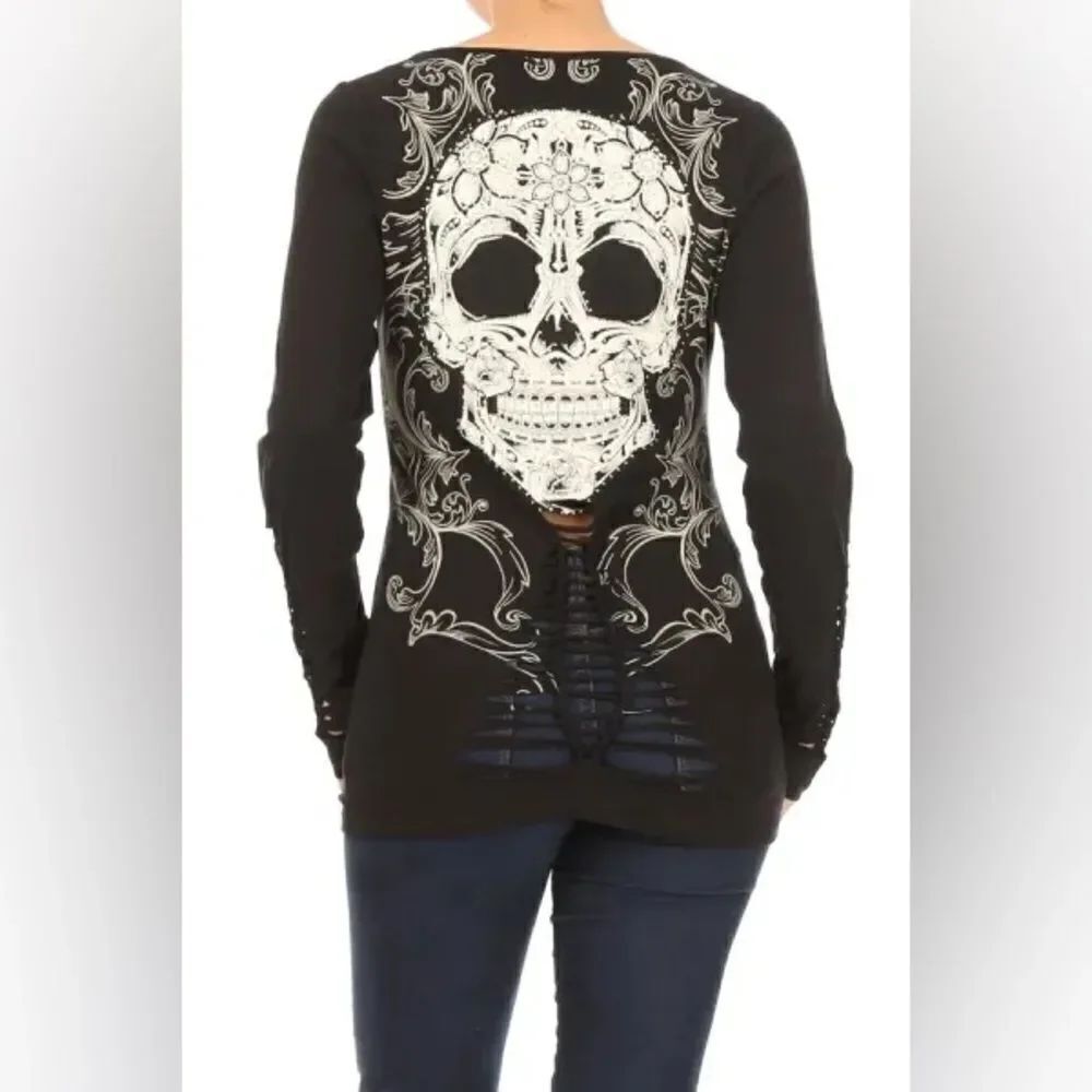 Platinum Plush Candy Skull Rhinestone LS Top